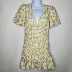 Zara Womens Embroidered Eyelet Gingham Check Mini Dress Size S Ruched Deep V